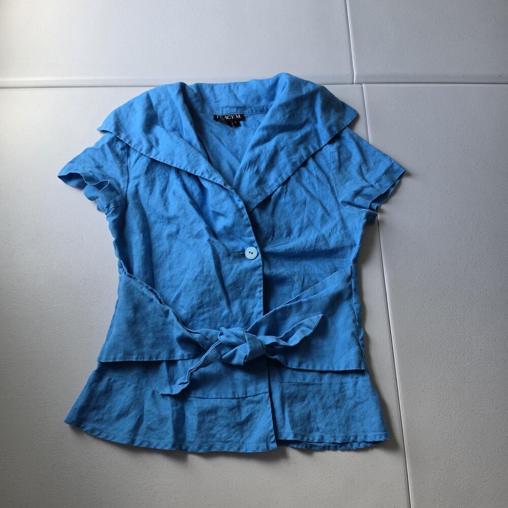 Y2K Linen Blouse Womens Small Blue Collared Short Sleeve Tie Waist Top